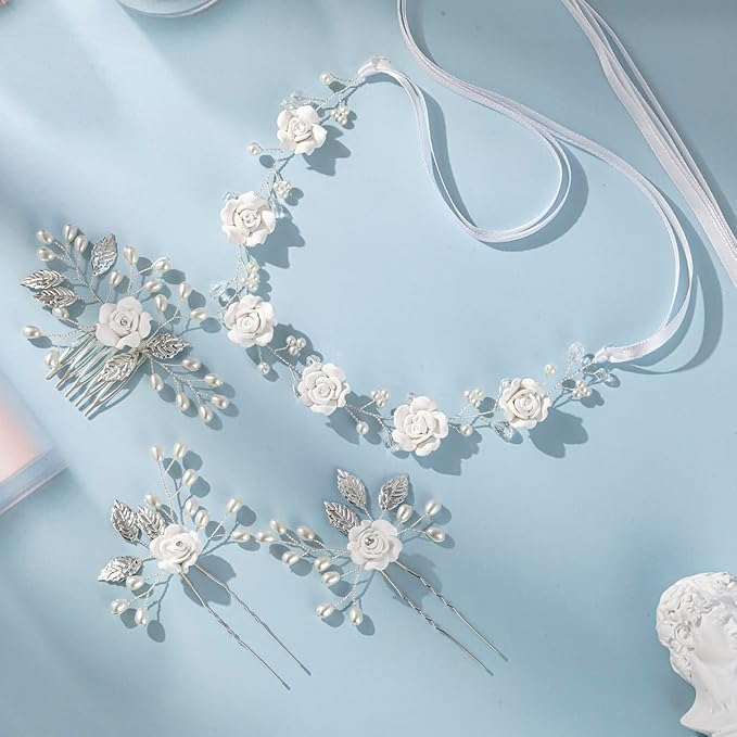 Wedding Hair Accessories Hair pieces Set Crystal bridal hair pins Rhinestone Pearl Hair comb Brides and Bridesmaids, Girls, Women(（4PCS/SET SILVERY)