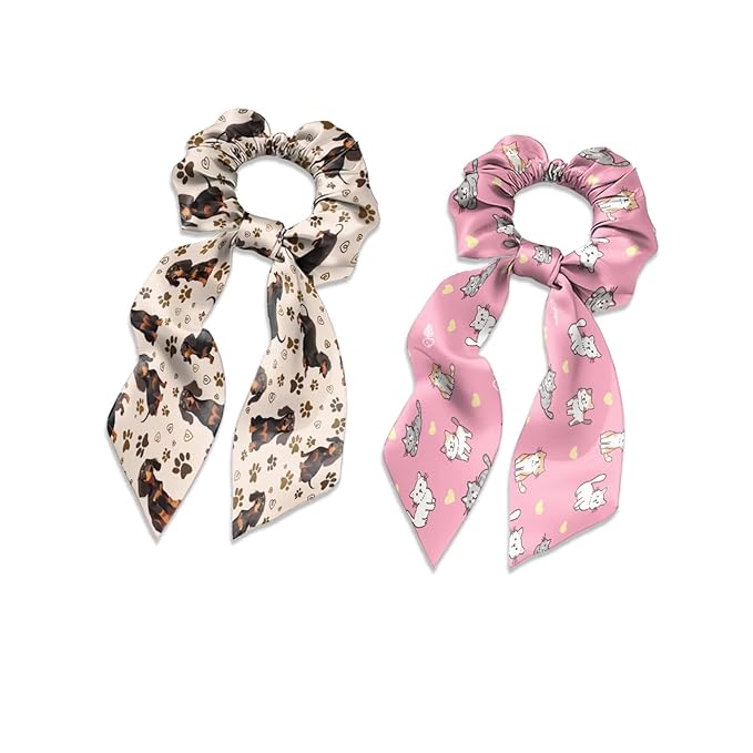 Dachshund Cat Elastic Hair Ties No Damage Ribbon 2 Piece Stylish Satin Hair Scrunchies for Women Travel Soft Ponytail Holder Knotted Bow