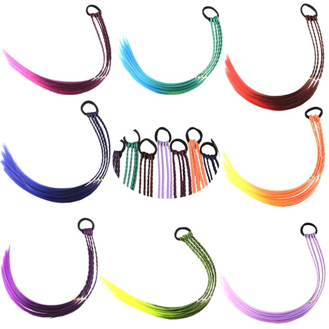 Colored Braids Hair Extensions with Rubber Bands Rainbow Braided Synthetic Hairpieces Ponytail Hair Accessories for Women Kids Girls Party Highlights Cosplay Dress Up (8PCS D Style)