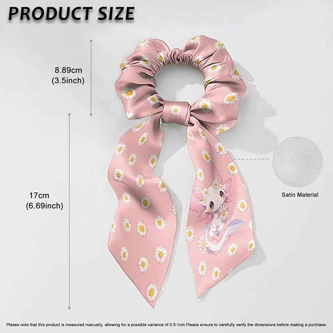 Cherry Blossom Elastic Hair Band with Ribbon Pack Of 2 Axolotl Daisy No Damage Bow Scrunchy Casual Bow Hair Ties Satin Ponytail Holder for Womens