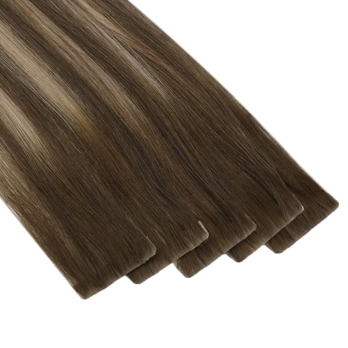 Full Shine Injection Tape in Hair Extensions 5Pcs 20 Inch Seamless Skin Weft Tape in Extensions Color 4 Brown Fading to 27 Blonde And 4 Brown Virgin Hair Extensions Real Remy Human Hair 12.5 Gram