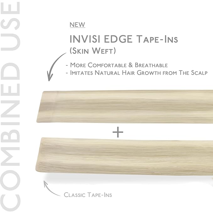WENNALIFE Invisi Edge & Classic Tape in Hair Extensions Human Hair, 22 Inch 50g 20pcs(10pcs Invisi Edge & 10pcs Classic) Ash Blonde Highlighted Platinum Blonde Invisible Luxury Remy Hair Injected