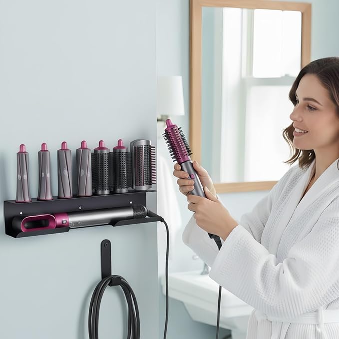 Dyson Airwrap Holder, Aluminum Dyson Airwrap Wall Mount Black with 7 Custom Slots & Cable Hook, Dyson Organizer Wall Mounted for Bathroom BANJEKT