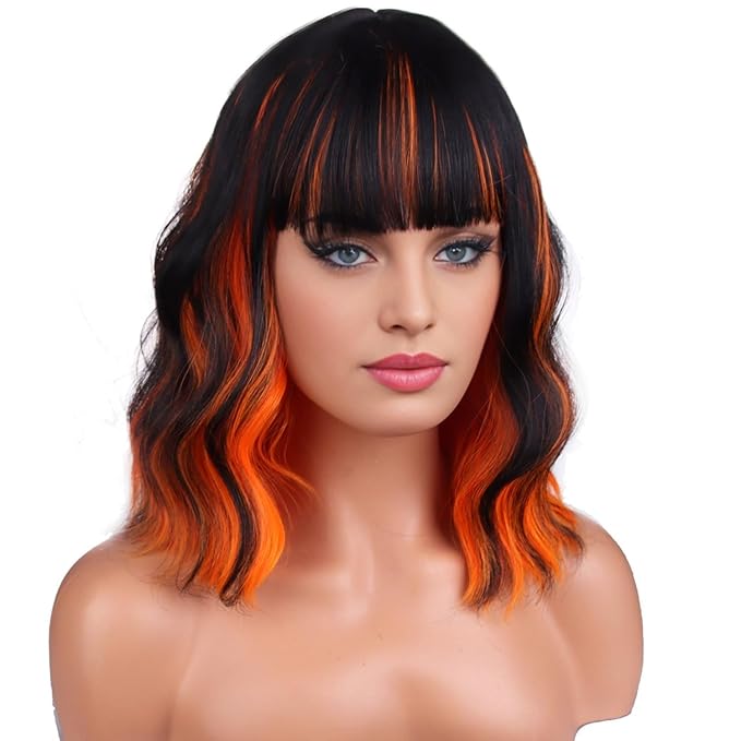 BERON 14 Inches Black Orange Wig Short Orange Bob Wigs with Bangs Halloween Wigs for Women Loose Wavy Wig for Cosplay Party