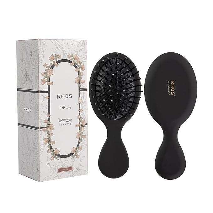 RHOS Mini Hair Brush for Women,Men and Kids-Travel Size Hair Brush for Purse,Pocket,backpack-Small Cushion Paddle Brush with Soft Bristles-Mini Detangler Brush for All Hair Types(1 Pack-Black)