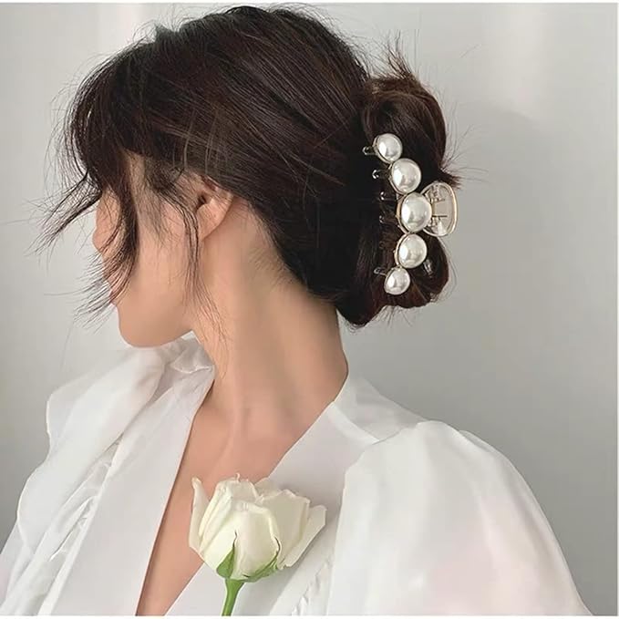 Mehayi 4 PCS Large Pearl Hair Claw Clips for Women Girls, Hair Barrette Clamps for Thick Thin Hair, Fashion Hair Accessories Headwear Styling Tools for Party Wedding