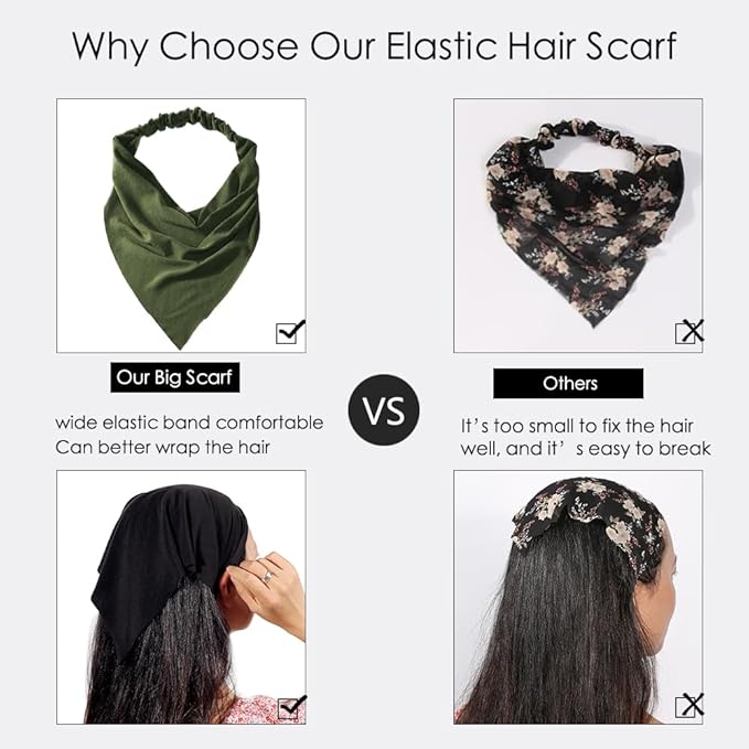 6 Pack Hair Scarf Headband for Women Elastic Bandana Head Scarf Large Boho Triangle Kerchief with Clips Non Slip Scarves