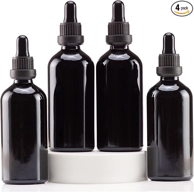 YIZHAO Black Glass Dropper Bottle 4oz, Tincture Bottles with Glass Dropper, for Essential Oils, Aromatherapy, Cosmetic, Laboratory, Pharmacy, Liquids, Travel –4 Pcs