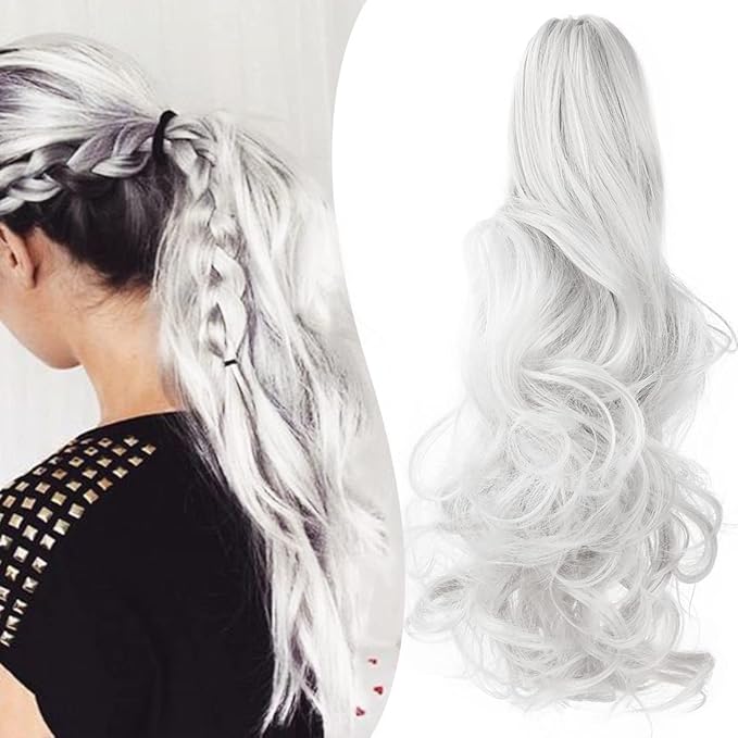 Claw Clip Ponytail Extension 18" Clip in Wavy Ponytail Hair Extensions Long Pony Tails for Women Extensions Silver Grey Wave Hairpiece