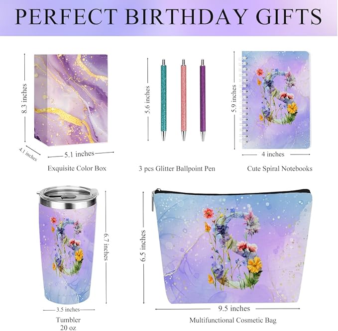 Personalized Gifts for Women Monogrammed Birthday Gifts for Women, Wife Girlfriend Christmas, Initial 20 oz Tumbler, Makeup Cosmetic Bag Cup Pens Journal Notebook 6 Set, (Aesthetic Purple Flower S)