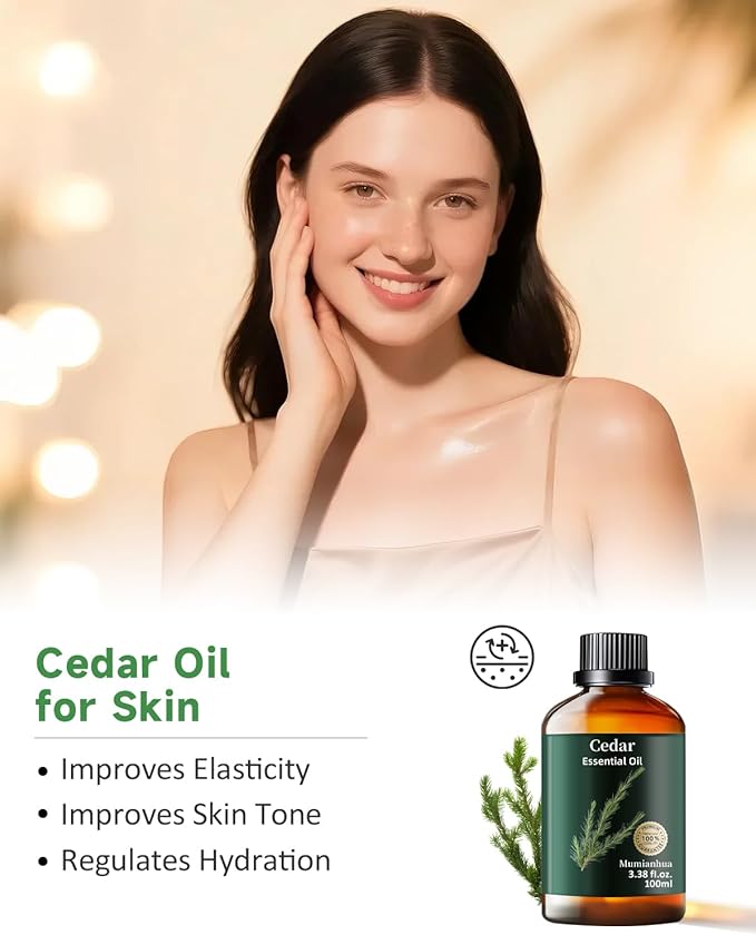 Pure Cedarwood Essential Oil for Bedtime Atmosphere, Evening Relaxation & Pillow Mist,Mumianhua Natural Woodland Aroma for Reed Diffuser,Aromatherapy, Bedroom, Skin, Hair, Tranquil Blends 3.38 Fl Oz