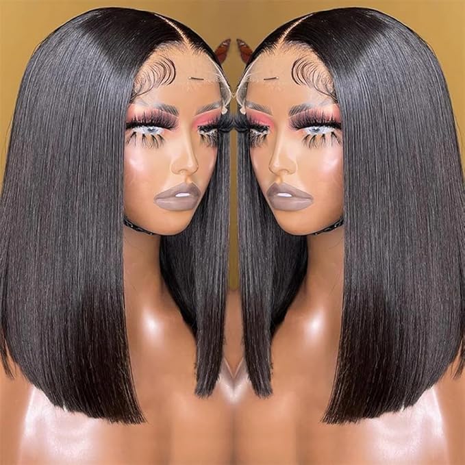 Bob Wig Human Hair Real 100% Human Hair 180% Density Wigs for Black Women 5x1 Bob Lace Closure Wigs Human Hair Natrural Black 12 Inch
