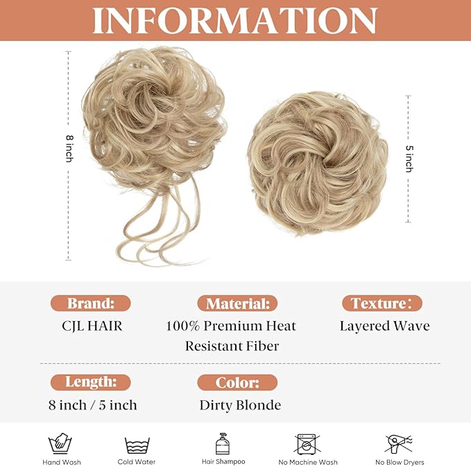 CJL HAIR 2PCS Messy Bun Hair Pieces Wavy Curly Synthetic Updo Chignon Fake Scrunchies Ponytail Extension for Women Dirty Blonde