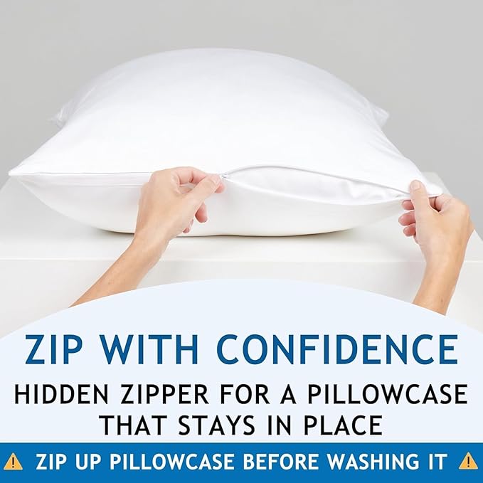 Pillow Cases - 100% Viscose Derived from Bamboo - Cooling Pillowcase - Queen Size, White, Set of 2 Zippered - for Hot Sleepers - Soft Pillow Covers - by Vegan Silk