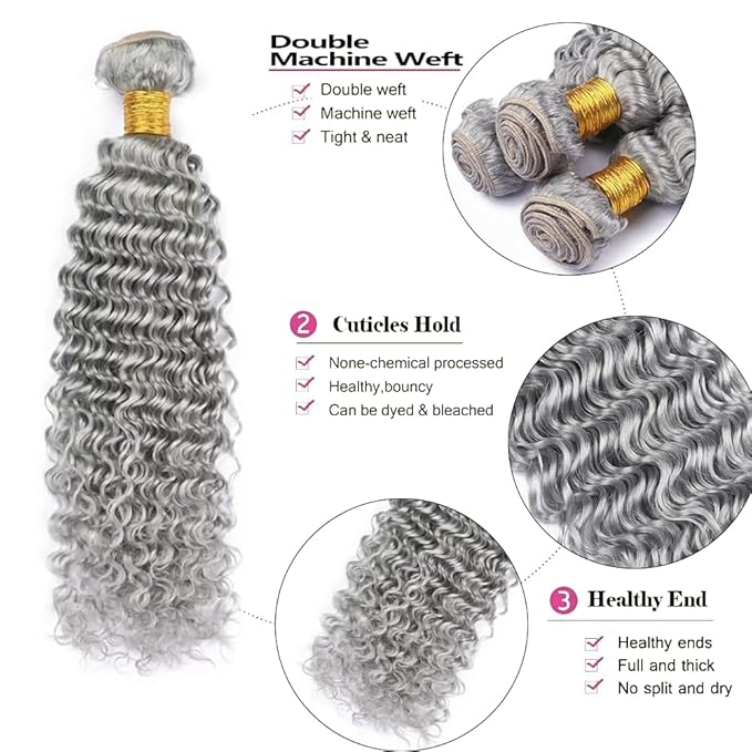 28 30 32 Inch Grey Bundles Human Hair Silver Deep Wave Bundles Niegmeag Brazilian Virgin Remy Hair Extensions Double Weft Soft And Silky Gray Deep Wave Bundle