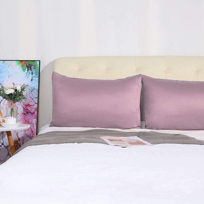 uxcell 2 Pack Silk Satin Pillowcase for Hair and Skin, Cool, Silky, Soft Breathable Pillow Cases Queen Size 20x30 Inch Sateen Pillowcase Mauve with Envelope Closure