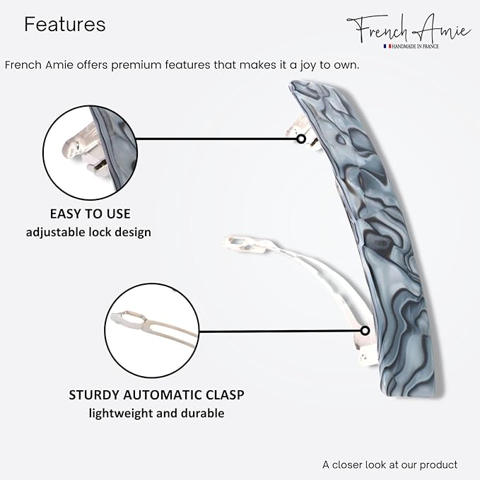 French Amie Oblong Handmade 3.5" Celluloid Automatic Hair Clip Barrette French Hair Clip for Girls Strong Hold Hair Clips for Women No Slip Durable Paris Hair Accessories, Made in France (Grey Magma)