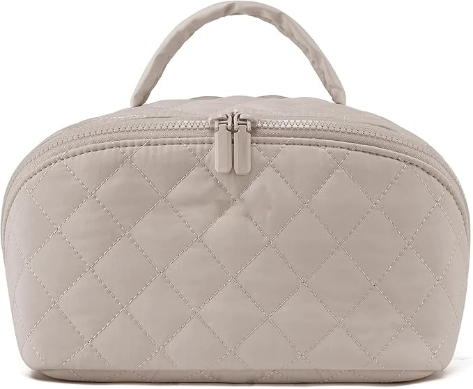 Petition Travel Makeup Bag for Woman,Festivalment Lay Flat Makeup Bag, Wide Open Water-Resistant Cosmetic Case,Puffy Padded Organizer for Toiletries & Brushes Large Capacity with Compartments (Khaki)