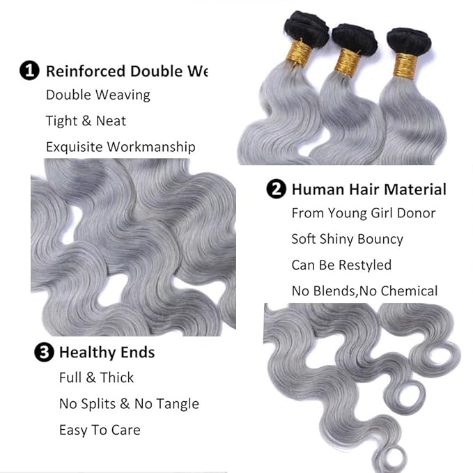 26 28 30 Inch Ombre Bundles Human Hair Grey Body Wave Bundle Brazilian Virgin Remy Hair Extensions Double Weft 2 Tone Black and Silver Body Wave Bundle Hair Weave 300g