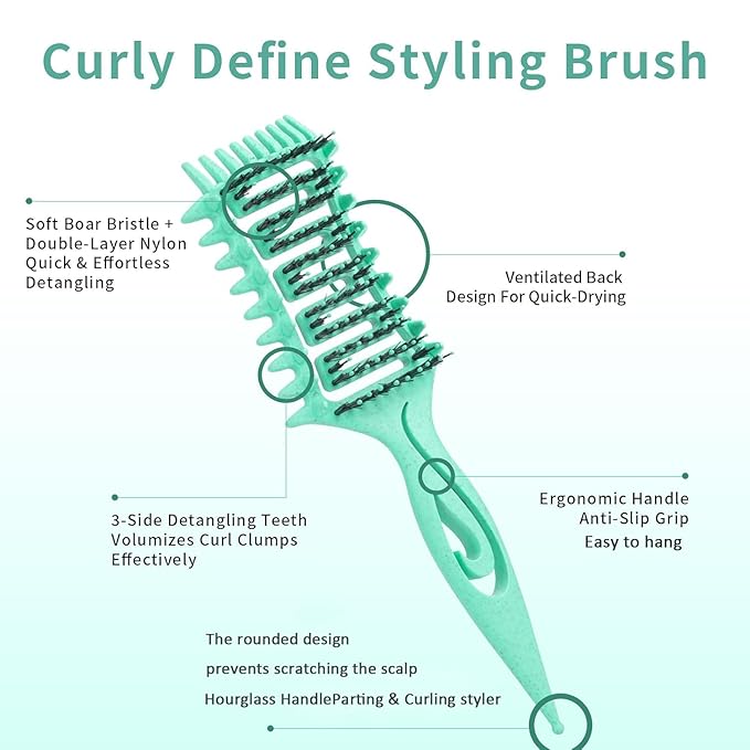 Curl Defining Brush, Curly Hair Brush for Detangling Shaping and Styling Curly Hair, Vented Candy Brush for Wet or Dry Hair Types for Women and Girl, Defining with Side Gear, Reduces Frizz (Green)
