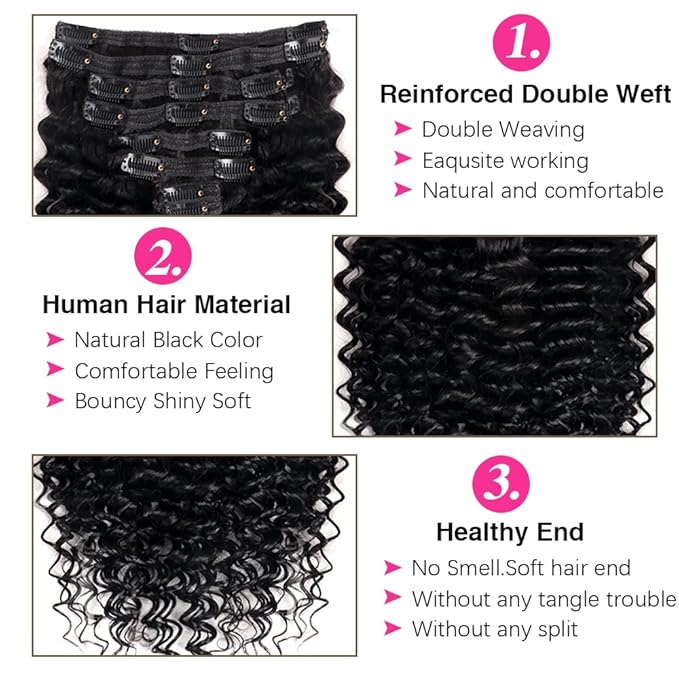 Deep Wave Clip in Hair Extensions for Black Women Brazilian Virgin Human Hair Extensions 8Pcs Remy Hair Extensions Clip in Human Hair with 18Clips 120g (14inch, Natural Black)