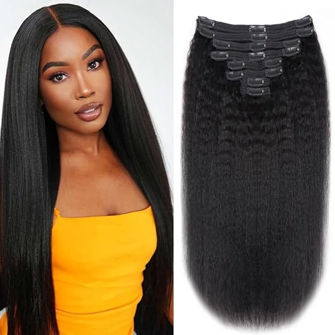Kinky Straight Human Hair Clip in Extensions 120g Full Head Clip ins for Women 100% Unprocessed Brazilian Virgin Human Hair Yaki Straight Clip ins Remy Hair Natural Black 8Pcs 18Clips 28inch