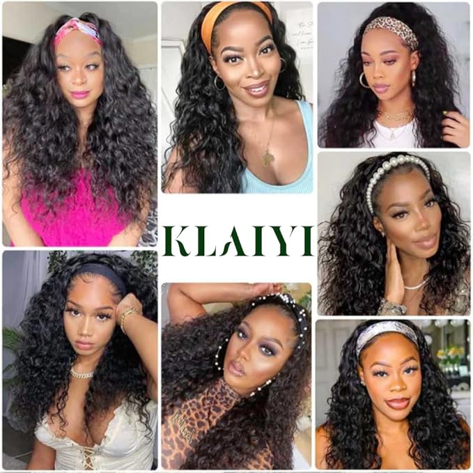 KLAIYI Headband Human Hair Wig Water Wave Curly Non Lace Front Wigs for Black Women Deep Wave Glueless Wear and Go Half Wig 30S Ready to Go Beginner Friendly 180% Density 12A Natural Hairline 14Inch