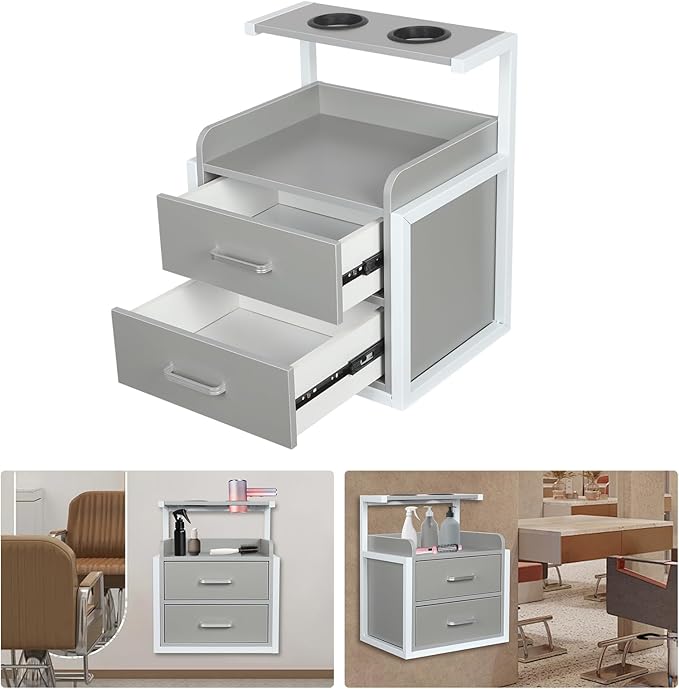 Suspended Salon Station for Hair Stylist, Wall Mounted Styling Salon Station Storage Cabinet w/2*Drawers &Hair Dryer Stand,Floating Nightstand Stylist Storage Cabinet for Home (Gray+ Silver)