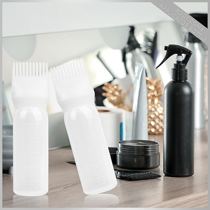 Root Comb Applicator Bottle 6 Ounce, 2 Pack Hair Oil Applicator Hair Dye Bottle Tools with Dispenser Root Comb Brush for Scalp Oil Hair Oiling Applicator - white