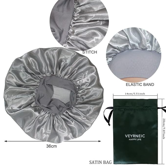 VEYRNEIC Hair Satin Bonnet for Sleeping Shower Caps Silk Chemo Caps with Wide Elastic Band Night Sleep Cap Bonnets for Black Women Braids with Satin Storage Bag (Silver)