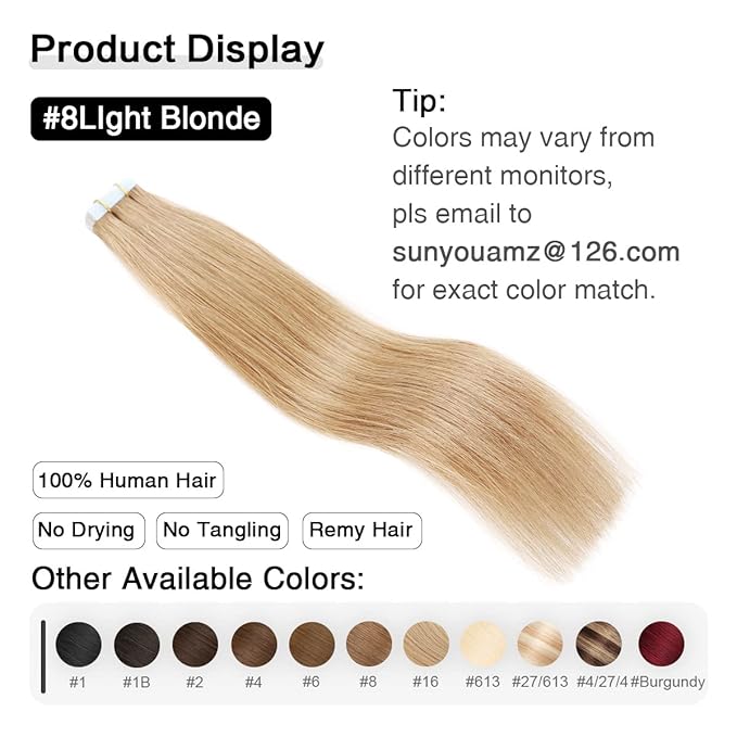SUYYA Tape in Hair Extensions Human Hair 50g/pack 20pcs Straight Seamless Skin Weft Tape in Real Human Hair Extensions(20inch 16# Light Blonde)