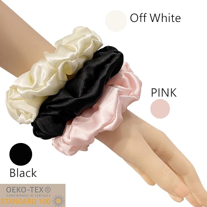 Suncdelv Silk,100% Silk Scrunchies for Hair,22 Momme Hair Ties for Anti-Crease & Breakage,Natural Women Hair Accessories，Fashion Hairbands 3PCS（White,Black,Pink）