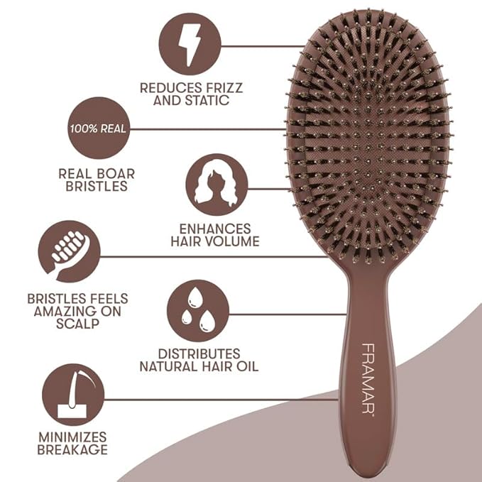 FRAMAR Soft Boar Bristle Hair Brush For Women – Boars Hair Brush For Women, Boar Brush For Fine Hair, Hairbrush For Fine Hair, Soft Bristle Brush For Slick Back, Volume and Shine - Chocolate