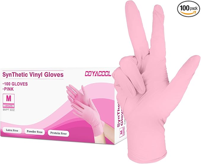 Disposable Gloves Medium, Nitrile and Vinyl Blend Material Gloves, Latex Free, 4 Mil 100 Pc Food Grade Glove for Cleaning, Food Prep, Hair Dye, Tattoo, Pink