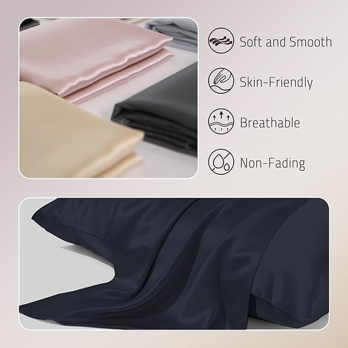 Mulberry Silk Pillowcase for Hair and Skin Prevent Acne Pillowcase Both Sides Real Silk Pillowcases Organic Silk Pillowcase with Hidden Zipper, Navy Blue, Standard (20"×26")