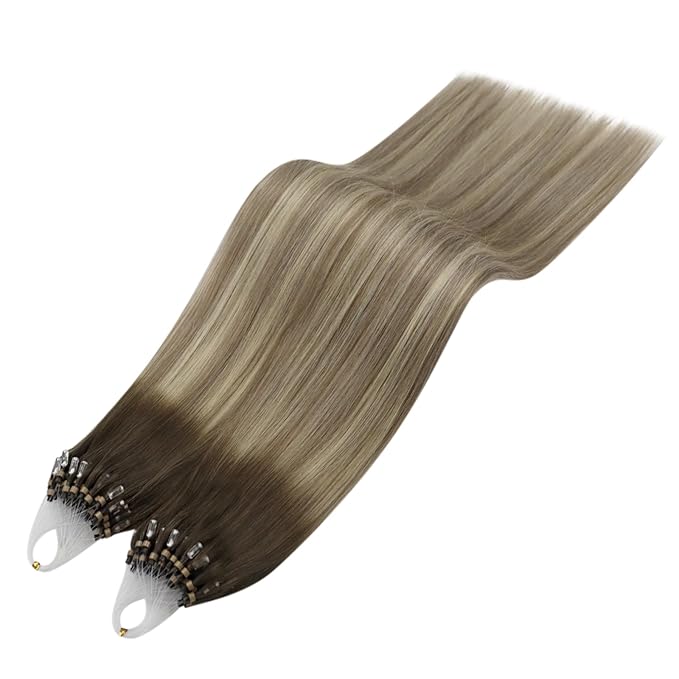 YoungSee Micro Beads Hair Extensions Balayage Micro Loop Hair Extensions Real Human Hair Dark Brown Ombre Brown with Blonde Micro Hair Extension 22In Bead Hair Extension Soft for Wedding 50s/50g