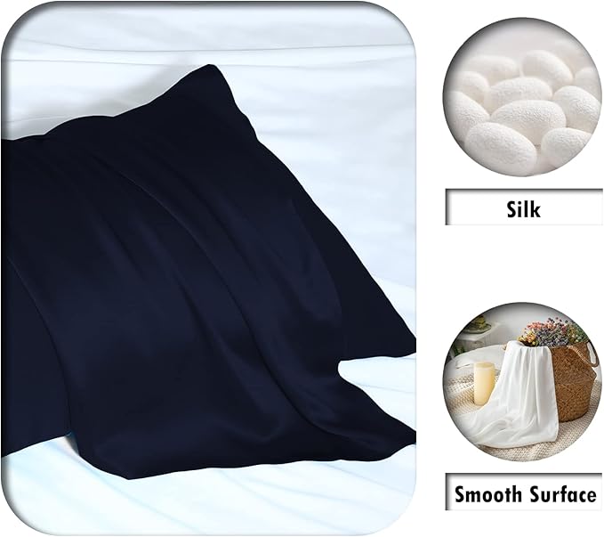Natural Mulberry Silk Pillowcase for Hair and Skin Queen Size 20"X30" Silk Pillow Case with Hidden Zipper Soft Breathable Smooth Cooling Silk Pillow Covers for Sleeping(Navy Blue,Queen,1Pcs)