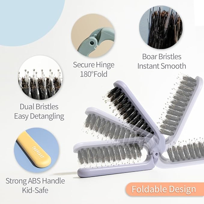 Uffy MiniPop Travel Hair Brush – Mini Folding Boar Bristles for Women, Men & Kids | Kid-Friendly Portable Purse Brush for Wet & Dry Hair, Curly or Straight | Pocket-Size Detangler – Soft Grey