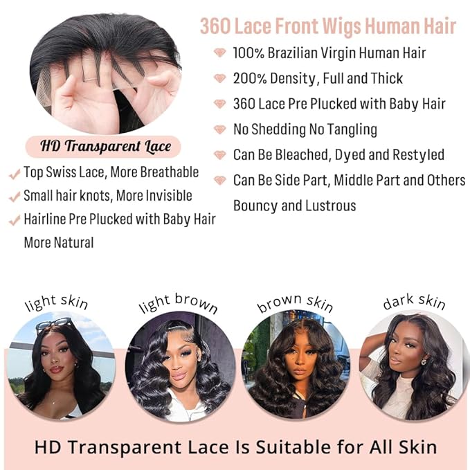 360 Lace Front Wigs Human Hair Body Wave 200% Density 18 Inch Upgraded Hidden Straps 360 HD Full Lace Wigs Human Hair With Drawstring Pre Plucked With Baby Hair for Women Natural Black