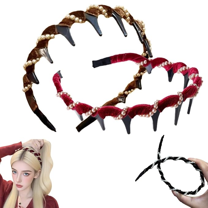 Vintage High Cranium Artificial Pearl Hairband, New Elegant Braided Pearls Headbands with Teeth for Women, Anti-slip Decorative Hair Bands Fashion Hair Accessories Gifts (Brown+Burgundy, One Size)