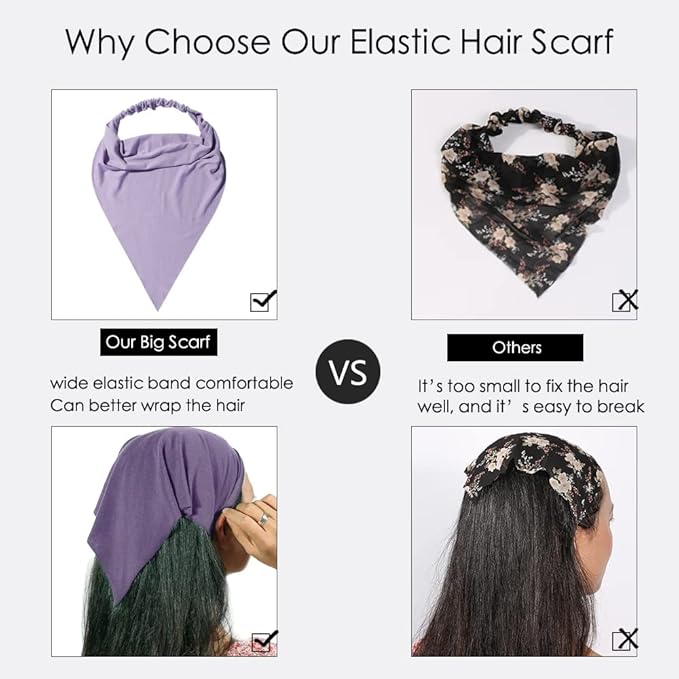6 Pack Hair Scarf Headband for Women Elastic Bandana Head Scarf Large Boho Triangle Kerchief with Clips Non Slip Scarves