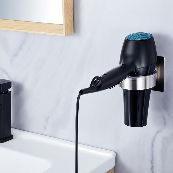 Blow Dryer Holder Wall Mounted, Hair Dryer Holder Stand Adhesive, Bathroom Hair Tool Organizer, Hairdryer Holder Compatible with Most Dryers (Silver)