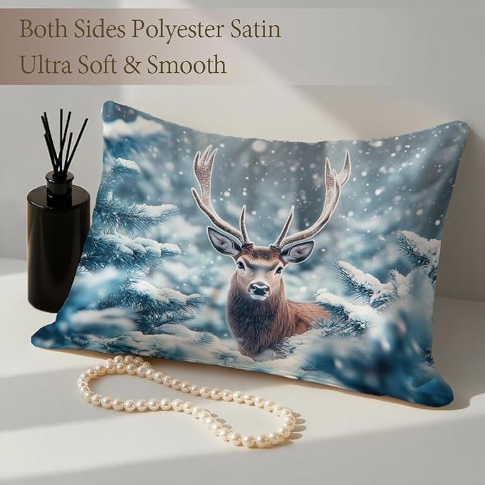 Silk Pillowcase for Hair and Skin Winter Snowy Forest and Deer Satin Pillowcase Standard Size with Zipper Silky Soft Cooling Satin Pillowcase Sleeping for Women 20"x26"