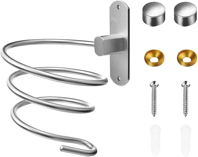 Stainless Steel Wall Mounted Hair Dryer Holder, Spiral Shelf - Self-Adhesive, Silver