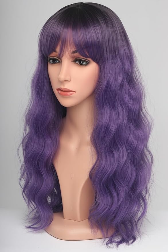 Purple Hair Wavy Wigs With Bangs For Women Synthetic Purple Wigs For Daily Use Everyday Wear.