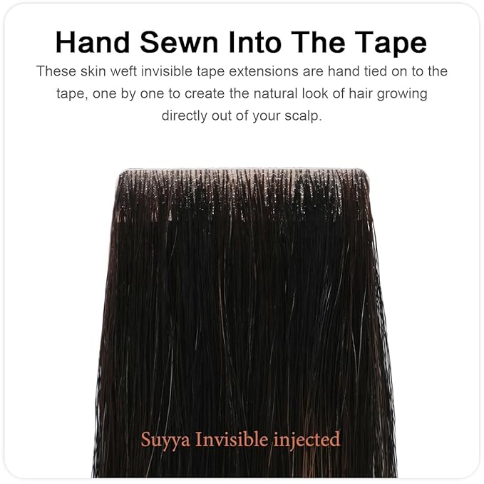 SUYYA Invisible Tape in Hair Extensions Human Hair Seamless Injected Hand-Tied Pro Virgin Human Hair Tape Ins Balayage Natural Black to Chestnut Brown 20PCS 50G/Pack Straight(20 inch #P1B/6/T1B)