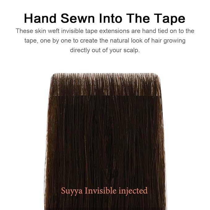 SUYYA Invisible Tape in Hair Extensions Human Hair Darkest Brown Seamless Injected Hand-Tied Pro Quality Virgin Human Hair 20PCS 50G/Pack Straight Tape Ins(20 inch #2 Darkest Brown)