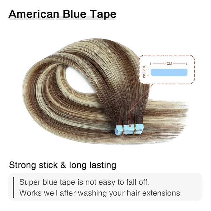 SUYYA Tape in Hair Extensions Human Hair Balayage Chocolate Brown to Bleach Blonde and Chestnut Brown 20 Inch 50g/pack 20pcs Straight Seamless Skin Weft Tape in Real Human Hair(20inch #P6/613/T4)