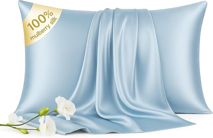 Luxury 6A Mulberry Silk Pillowcase & Silk Pillow Case for Hair & Skin – Anti-Wrinkle, Hidden Zipper – Best Beauty Sleep Solution for Women(Light Blue, Queen)