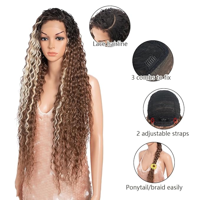 Style Icon 36”Super Long Curly Wig C-Shaped Side Part Lace Wig Afro Baby Hair Synthetic Highlight Blonde Wigs